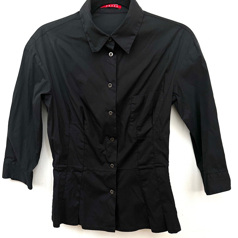 Vintage Prada black 3/4 sleeve cotton stretch blouse size 42 small